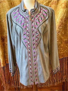 Bob Mackie Gray Suede Jacket with Pink & Black Embroidery